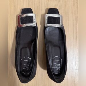 Roger Vivier Black Suede Flats with Silver Buckles